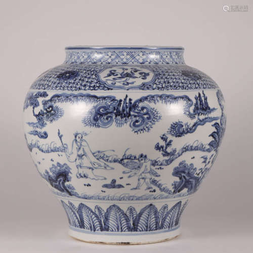 A Blue and White Landscape Figures Porcelain Jar