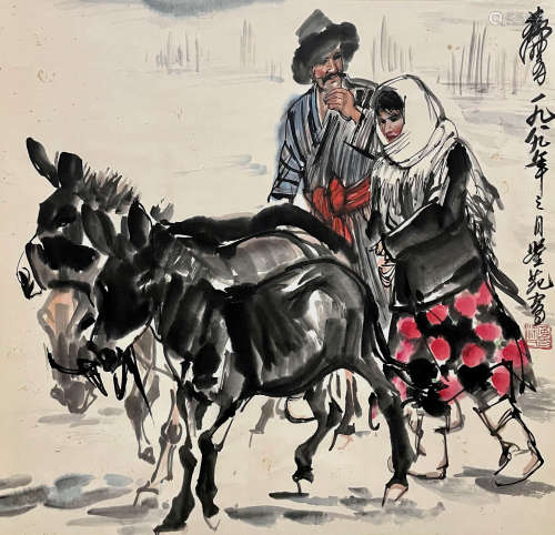 A Chinese Figure&donkey Painting, Huang Zhou Mark