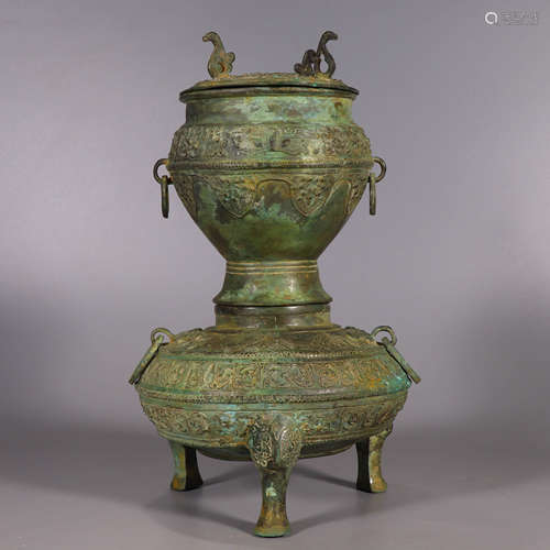 A Two Sections Beast Pattern Bronze Tripod Incense Burner