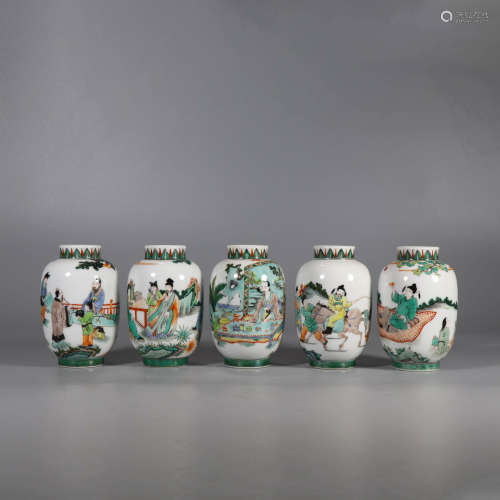 A Set of Famille Verte Figures Porcelain Jars, 5 Pieces