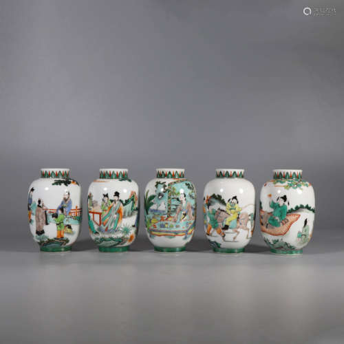 A Set of Famille Verte Figures Porcelain Jars, 5 Pieces