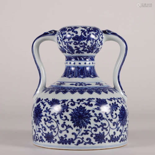 A Blue&White Twining Lotus Pattern Porcelain Double-eared Va...