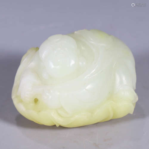 A White Hetian Jade Carved Boy&lotus Ornament
