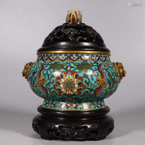 A Cloisonne Enamel Bronze Double Lion-eared Incense Burner