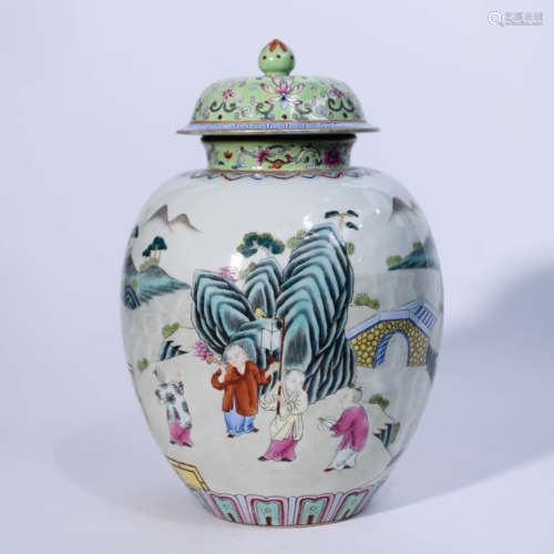 A Famille Rose Figures Porcelain Tea Jar with Cover