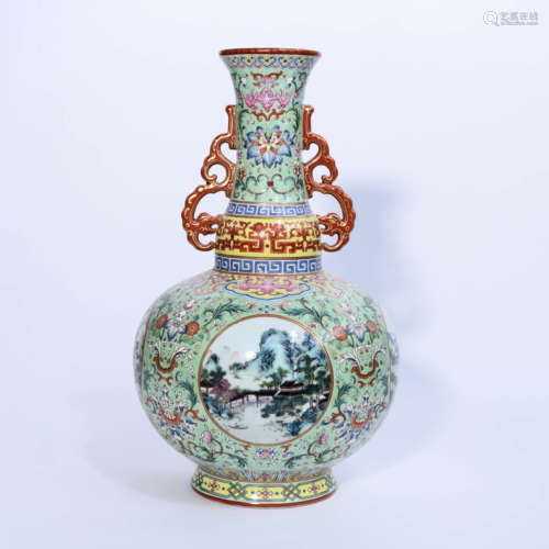 A Famille Rose Green-glazed Landscape Pattern Porcelain Doub...