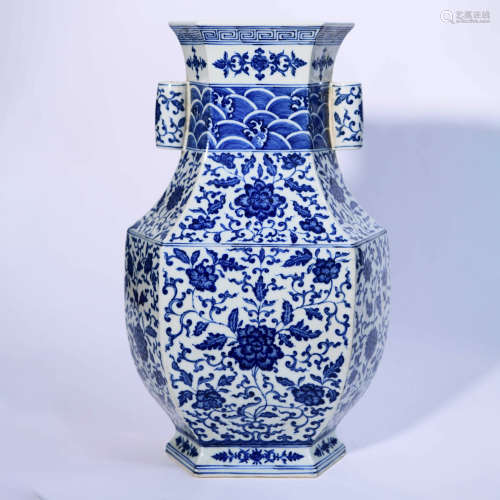 A Blue&White Twining Flowers Pattern Porcelain Hexagon Guane...