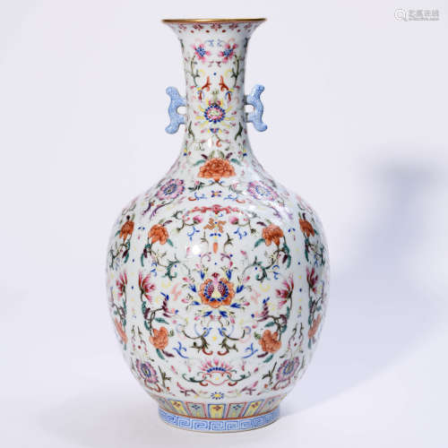 A Famille Rose Floral Porcelain Double-eared Vase