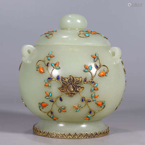 A Gem Inlaid Filigree White Hetian Jade Carved Floral Censer...