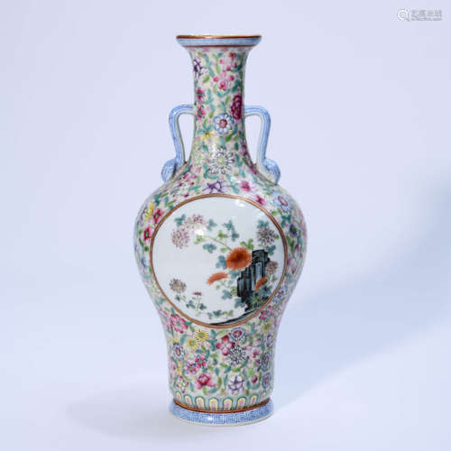 A Famille Rose Floral Porcelain Double-eared Vase