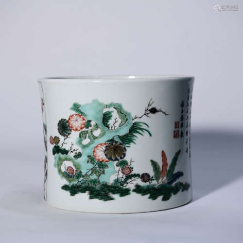 A Famille Verte Floral Porcelain Inscribed Brush Pot