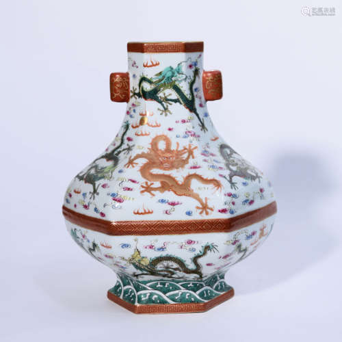 A Famille Rose Dragon Pattern Porcelain Hexagonal Guaner Vas...