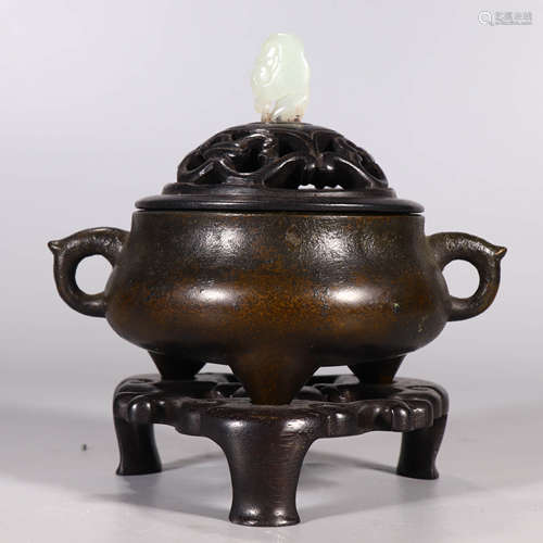 A Double-eared Piercing Bronze Tripod Incense Burner with St...