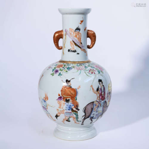 A Famille Rose Figures Porcelain Double Elephant-eared Vase