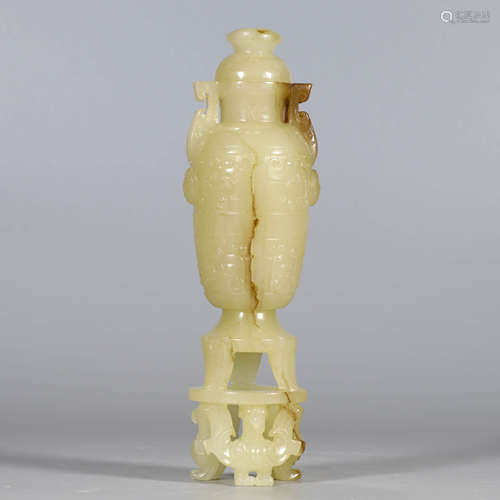 A Beast Pattern Carved White Hetian Jade Double-eared Vase