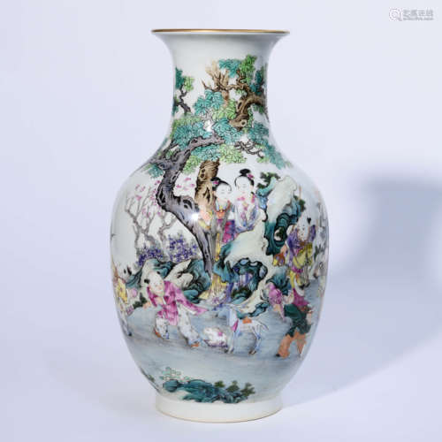 A Famille Rose Figures Porcelain Inscribed Vase