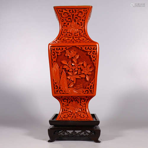 A Copper Floral Carved Red Lacquerwork Square Vase