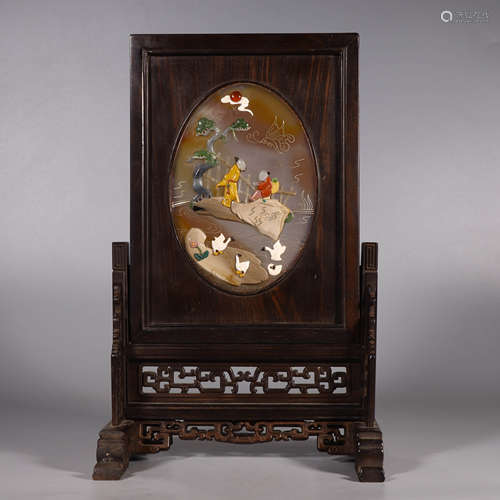 A Gem Inlaid Agate Figures Table Screen