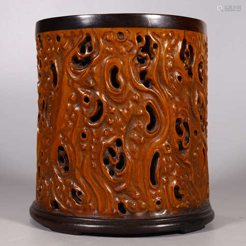 A Boxwood Carved Burl Pattern Brush Pot