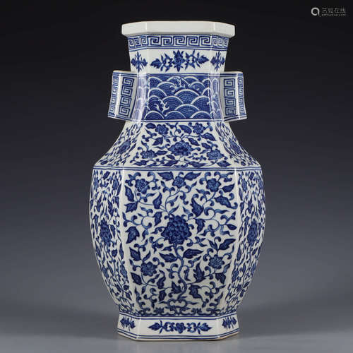 A Blue and White Floral Porcelain Hexagonal Double-eared Vas...