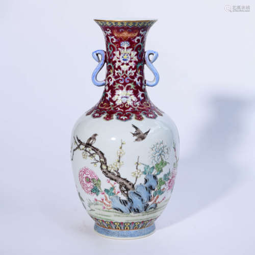 A Famille Rose Flower&Bird Pattern Porcelain Double-eared Va...