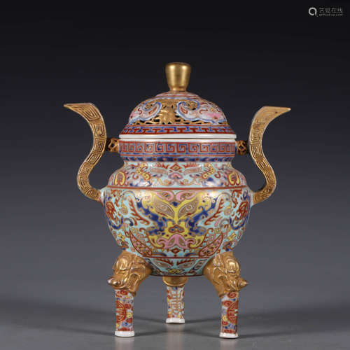 A Famille Rose Porcelain Tripod Double-eared Incense Burner