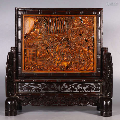 A Figures&landscape Carved Bamboo Table Screen