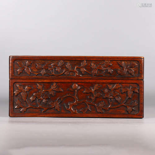 A Twining Flowers Pattern Carved Huanghuali Wood Box with Co...