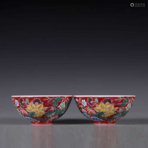 A Pair of Red Ground Famille Rose Floral Porcelain Bowls