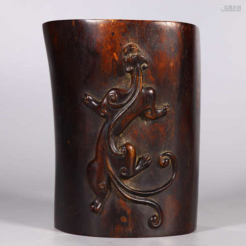 A Chi-dragon Carved Red Sandalwood Brush Pot