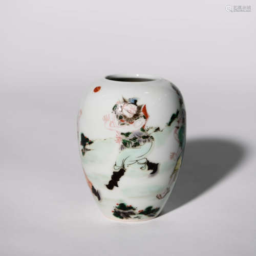 A Famille Verte Figures Porcelain Inscribed Water Pot