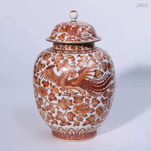 An Iron Red Dragon&Phoenix Pattern Porcelain Jar with Cover