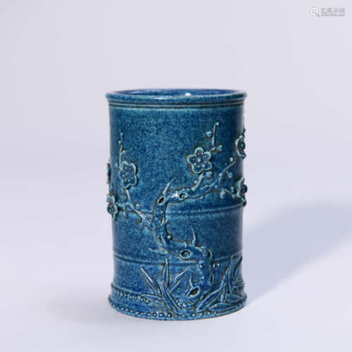 A Lujun-glazed Plum Blossom Pattern Porcelain Brush Pot