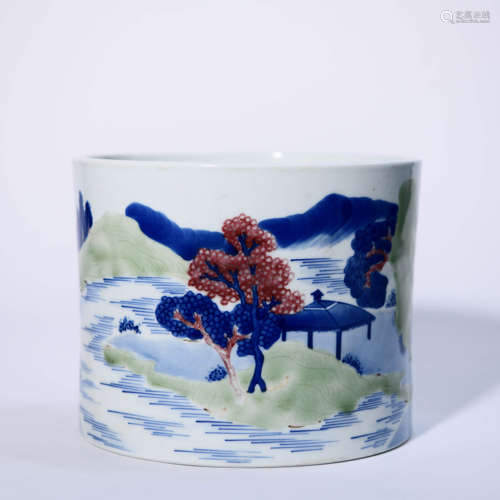 A Under-glazed Tricolour Landscape Pattern Porcelain Brush P...