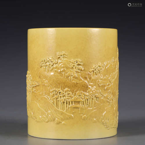 A Yellow-glazed Porcelain Landscape Pattern Brush Pot