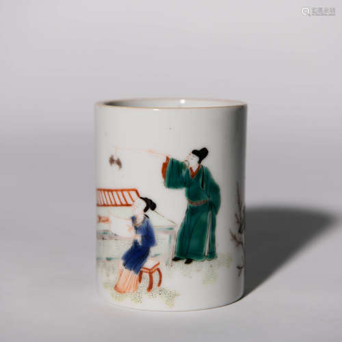 A Famille Rose Figures Porcelain Brush Pot