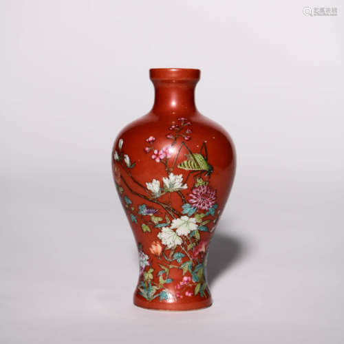 An Iron Red Famille Rose Floral Porcelain Meiping