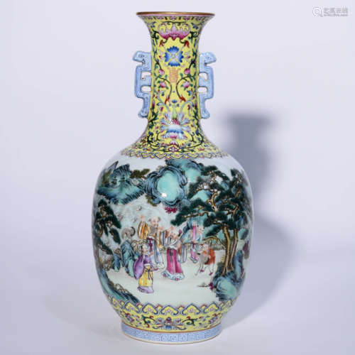 A Famille Rose Figures Porcelain Double-eared Vase