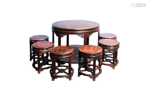 红酸枝素面圆桌、凳七件一套