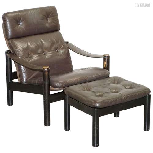 Danish Brown Leather ArmChair And Ottoman