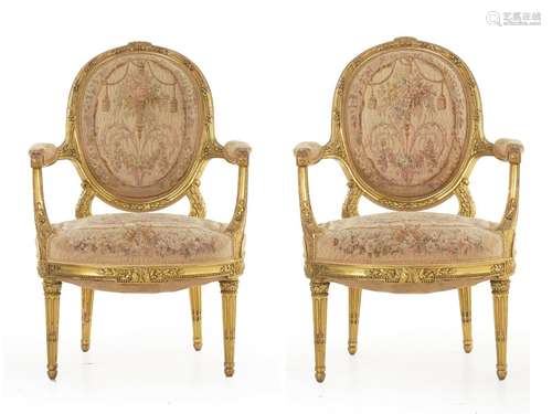 Giltwood And Fabric Armchair Pair Louis XVI