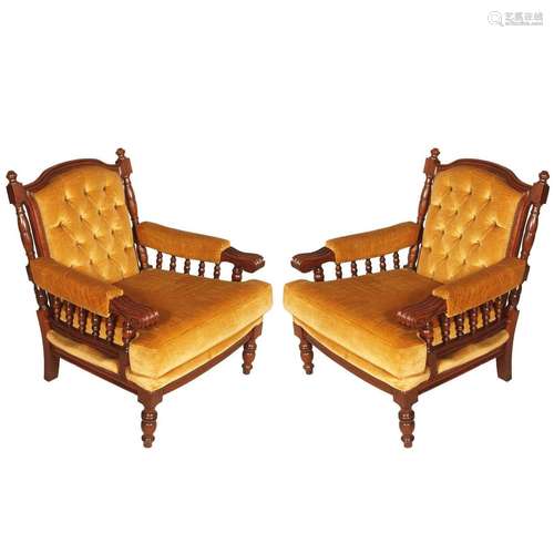 Walnut wood And Velvet ArmChair Pair Italian