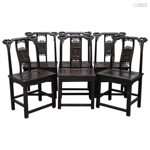 Chinese Walnut Wood ArmChairs Set Qing