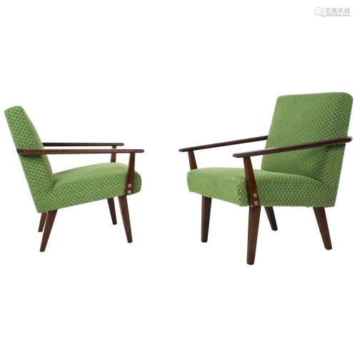 Hardwood And Fabric Lounge Chair Pair