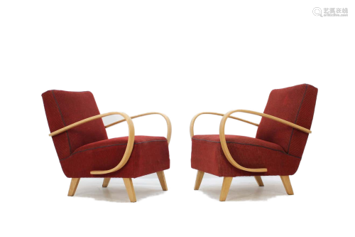 Beech Wood And Fabric Lounge Chair Pair