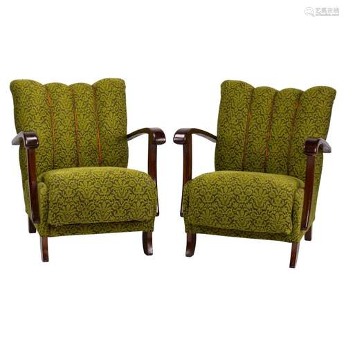 Walnut Wood And Velvet Lounge ArmChair Pair