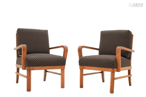 Oak Wood And Fabric ArmChair Pair