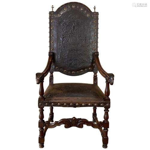 Walnut Wood And Leather ArmChair Louis XIII