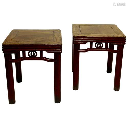 Chinese Elm Wood Tables Stools Pair Qing