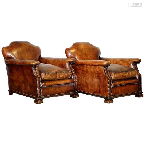 Oak Wood And Leather ArmChair Pair English